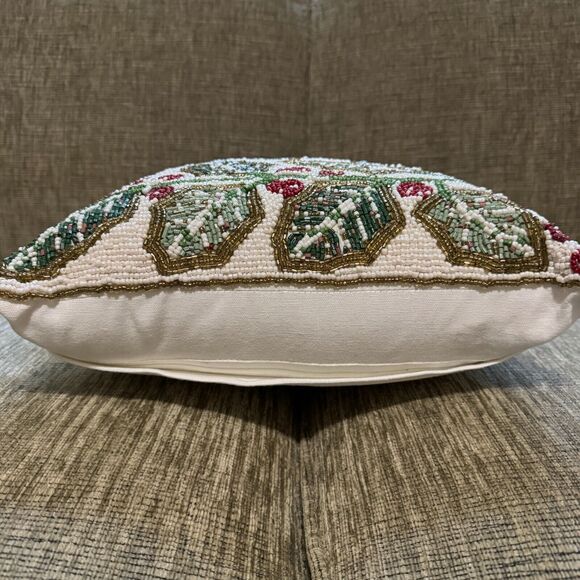 Cherish The Season Holly & Berry Beaded Accent Pillow Christmas Decor 13” X 13” - Picture 4 of 8